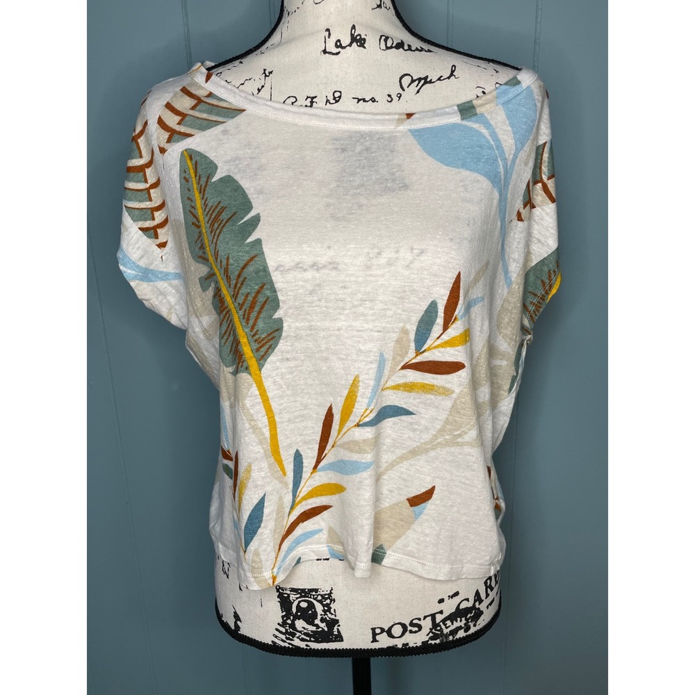 Cynthia Rowley Linen Crop‎ Top Womens Large White Tropical Leaf Print Excellent